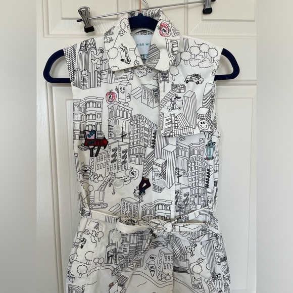 Mira Mikati Sleeveless Cityscape Print Shirt Dress Belted Collared Button Front - Picture 3 of 9